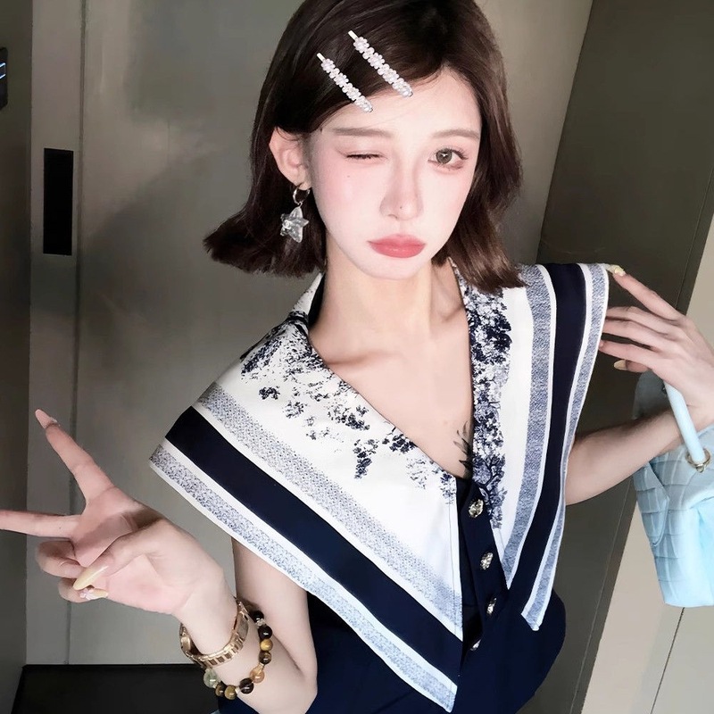 小个子女装时尚套装夏季气质轻奢学院风海军领拼接上衣短裙两件套|undefined