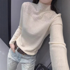 秋冬新款烫钻花边洋气修身内搭打底衫女百搭镂空长袖针织毛衣女潮
