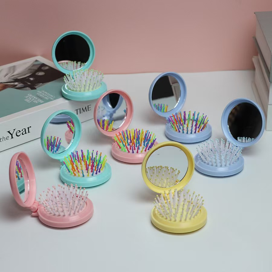 Airbag plegable Pequeño peine con espejo de maquillaje DIY adorable cojín de aire de niña cabeza de masaje portátil peine espejo todo en uno
