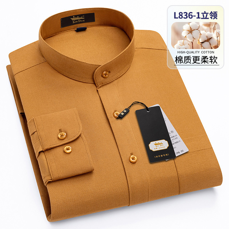 Golden Shield High-count Cotton wine red Collar Shirt Men's Long-sleeved Spring and Autumn Chinese-tung Suit Round Neck Pocket Non-iron Shirt Men's