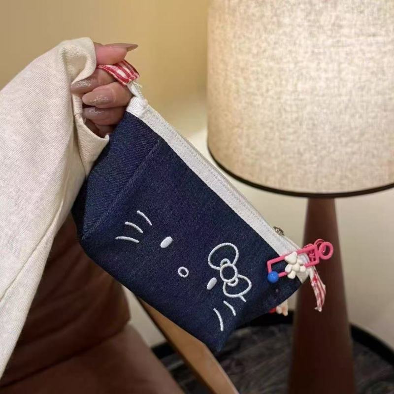 ハローキティデニム鉛筆バッグ刺繍 kt パターンアニメ漫画学生鉛筆バッグ文具箱かわいい収納袋|undefined