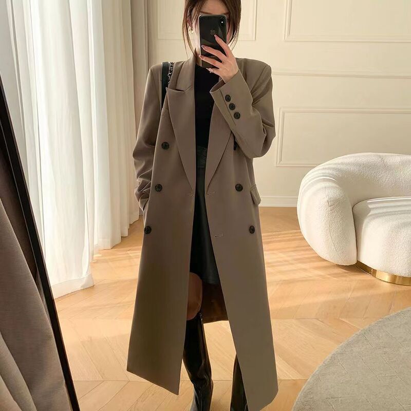 High-End Windbreaker Jacket Women's Mid-Length 2025 Spring & Fall New Elegant Double-Breasted Suit Collar Long Outwear