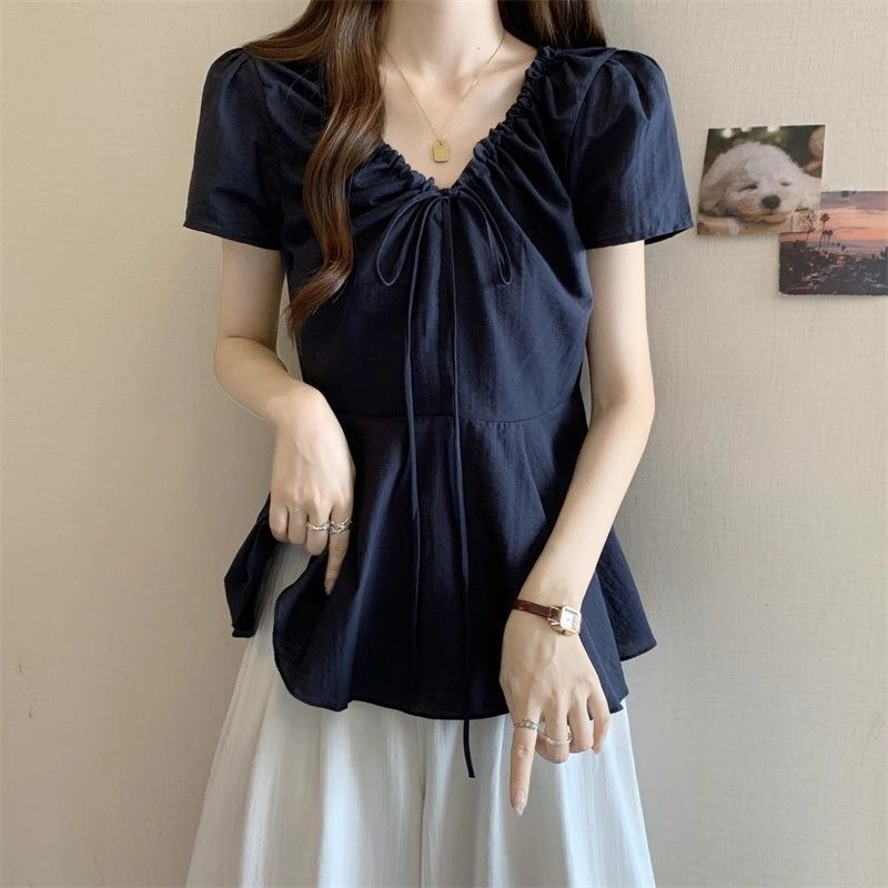 Plus-Size V-Neck Short-Sleeve Shirt for Women 2025 Summer Large Size Waist-Slimming Babydoll Puff Top Plus-Size V-Neck Short-Sleeve Shirt for Women 2025 Summer Large Size Waist-Slimming Babydoll Puff Top