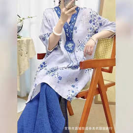 2025夏季新款文艺复古苎麻印花刺绣衬衫女新中式五分袖中长款衬衣