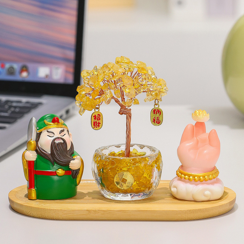 Chinese-Style Guan Yu Buddha-Themed Chubby Fufu Buddha Hand Yellow Amethyst Money Tree Office Desk Decoration Ornament