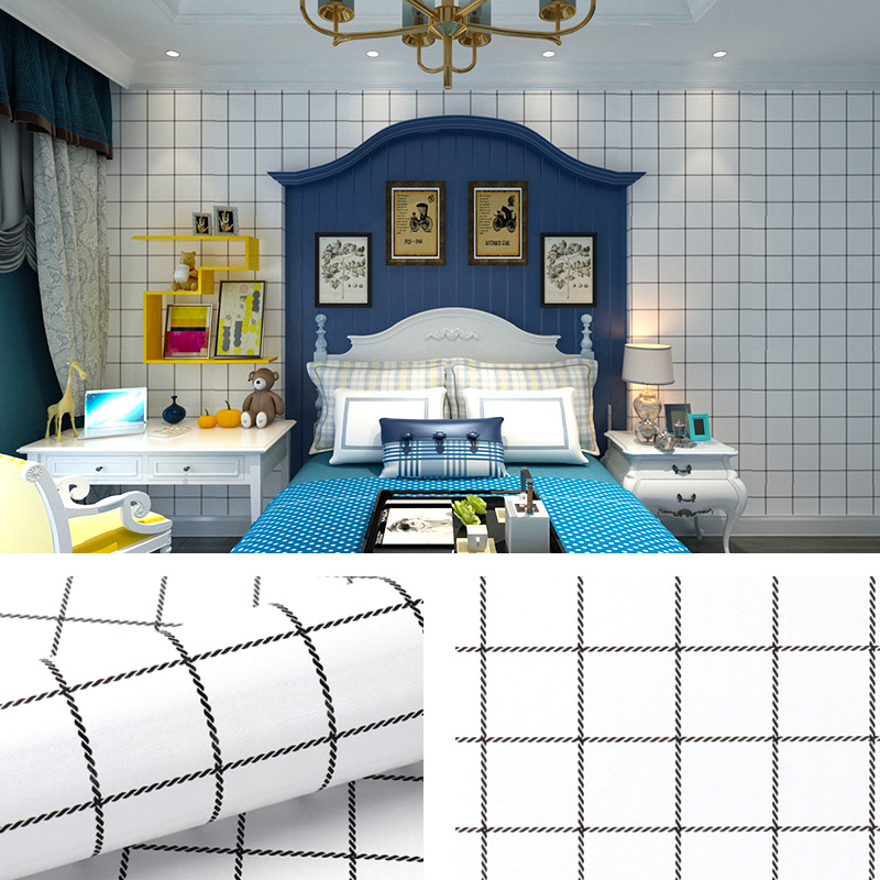 北欧简约格子纹PVC自粘墙贴壁纸家具卧室电视背景墙防水墙纸批发