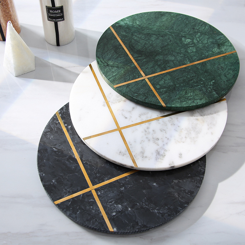 Luz nórdica estilo de lujo ronda de mármol natural con incrustaciones de cobre bandeja de decoración suave bandeja de presentación de cosméticos placa