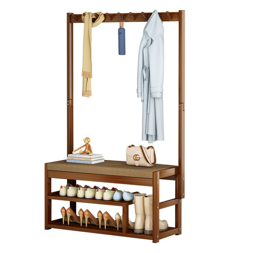 Solid wood home door soft shoe changing stool, door shoe stool can sit on, try on clothes, simple shoe rack, entrance double-layer stool