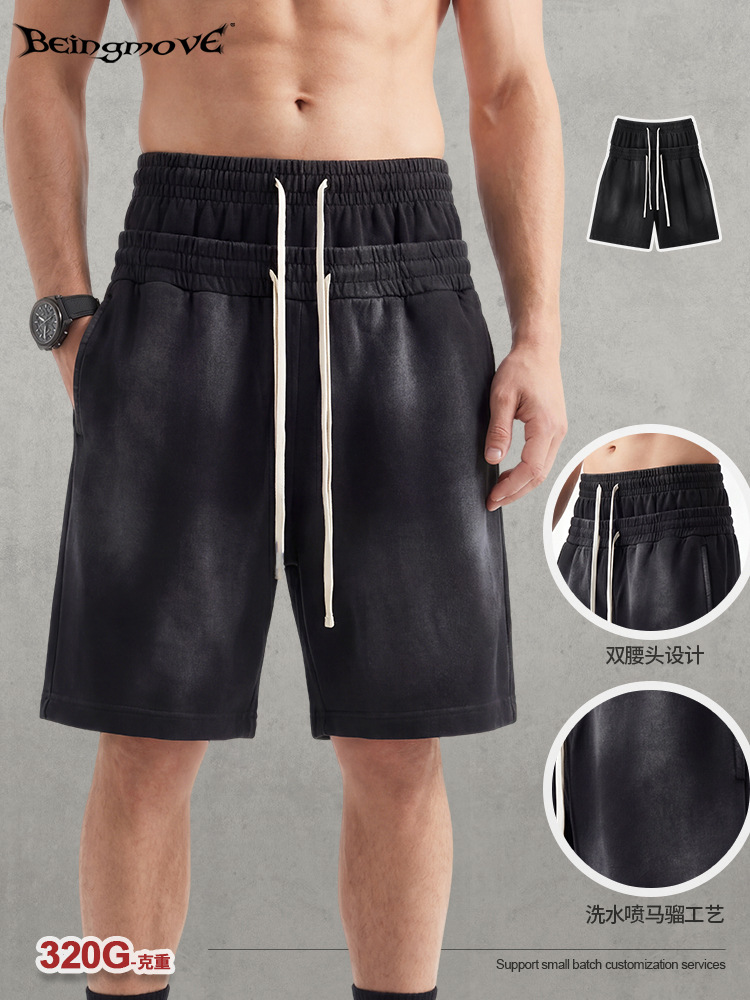 Calle secada| Marca de moda americana 320G hace viejos pantalones cortos de doble cintura de la costa oeste pantalones sueltos casuales para hombre