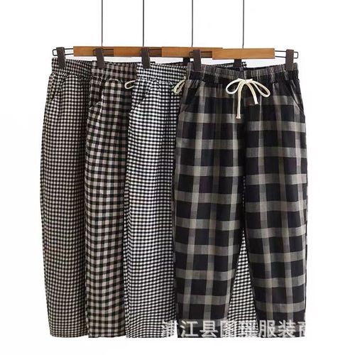2025 Summer Thin Cotton Linen Pants for Women Middle-aged Loose Elastic Waist High Quality Large Size Straight Tube 9/10th Checkered Pants 