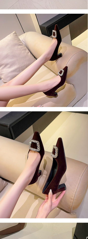Giày cao gót nữ mũi vuông gót dày đính đá khóa vuông chất liệu cashmere — màu đỏ, nâu chi tiết 9
