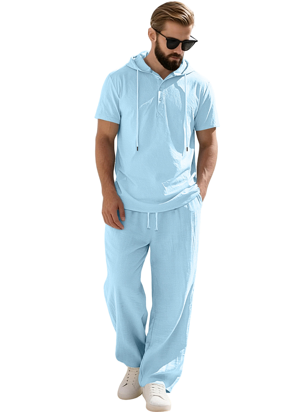 Transfronterizos Europa y América Amazon hombre nuevo encapuchado abrazado camisa de algodón y lino de manga corta casual pantalones largos de manga corta set hombre