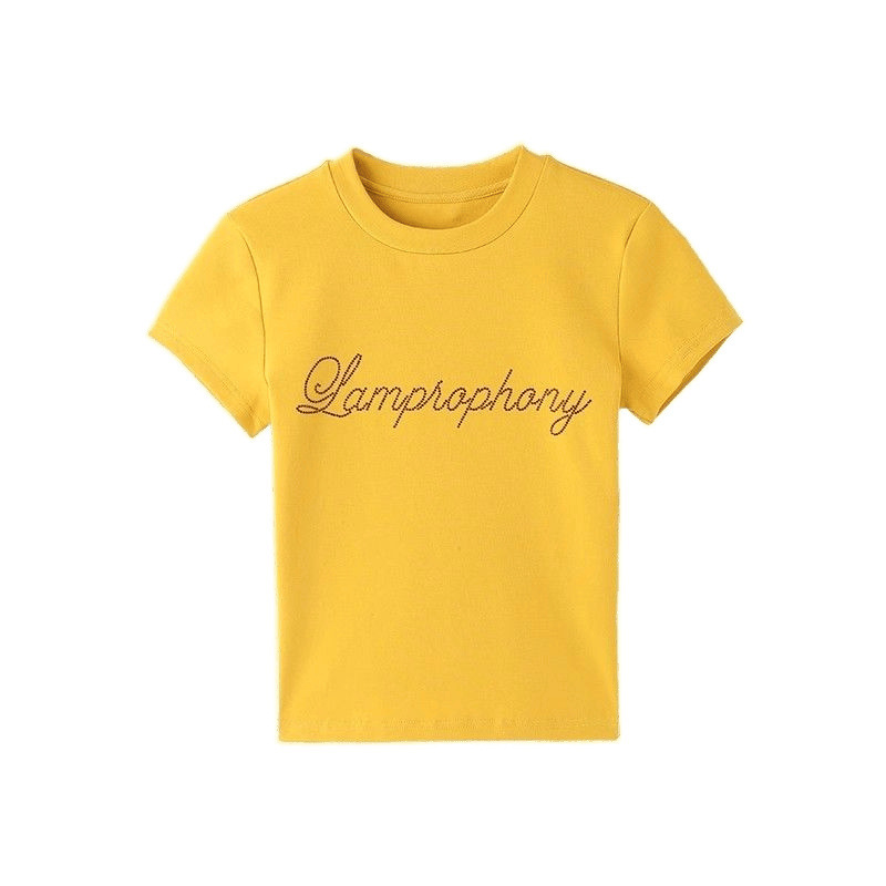 純綿の黄色のアルファベットのホットドリルの肩の半袖のtシャツの女性の夏の修身はやせているアメリカのギャルの短い上着を現します。|undefined