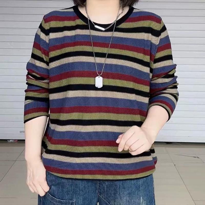 秋季复古慵懒风条纹t恤女漂亮时尚减龄休闲长袖上衣洋气百搭小衫|undefined