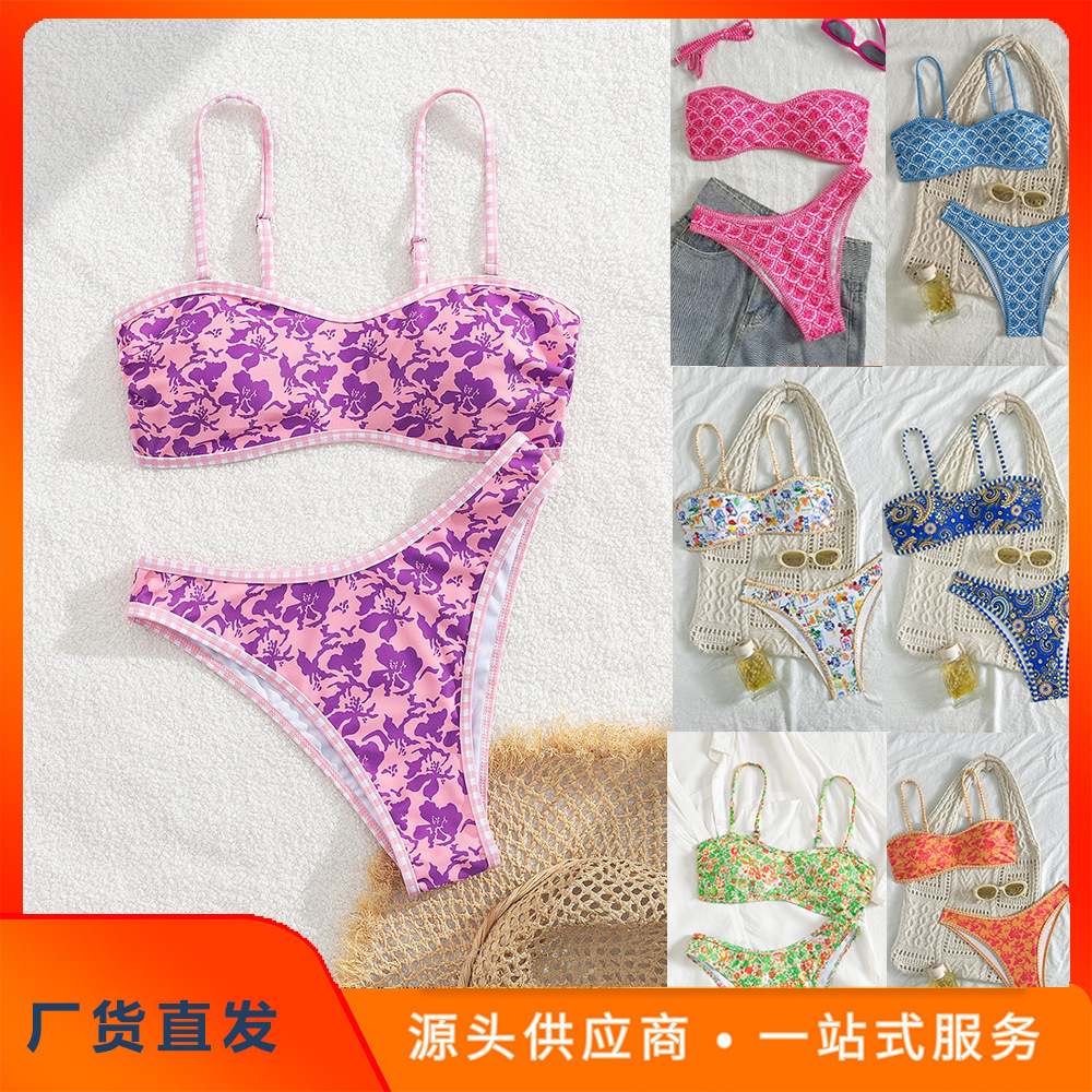 2025 New European and American Solid Color Lace-Up Swimsuit Three-Piece Fashionable Sexy Bikini for Vacation Beach Hot Spring