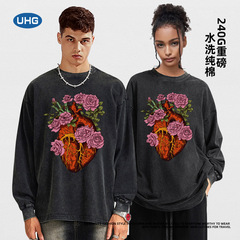 UHG European code heavy-cotton long-sleeve printed unisex black top American-style trendy loose crew neck T-shirt