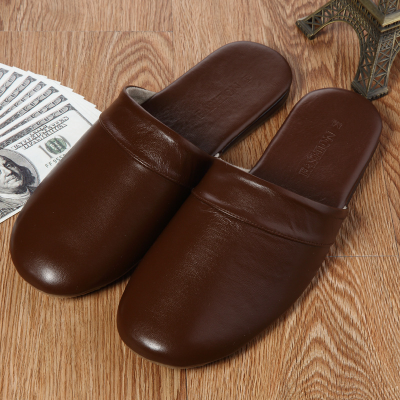 Home sheepskin leather slippers men and women couple closed toe floor middle-aged and elderly non-slip tendon bottom office slippers
