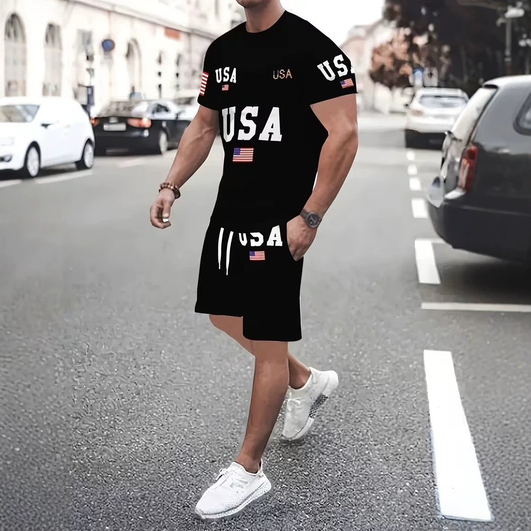 2026 3D Printed Mesh Casual Sports Suit Short-Sleeve Shorts European Size Cross-Border Father's Day Gift Quick-Drying