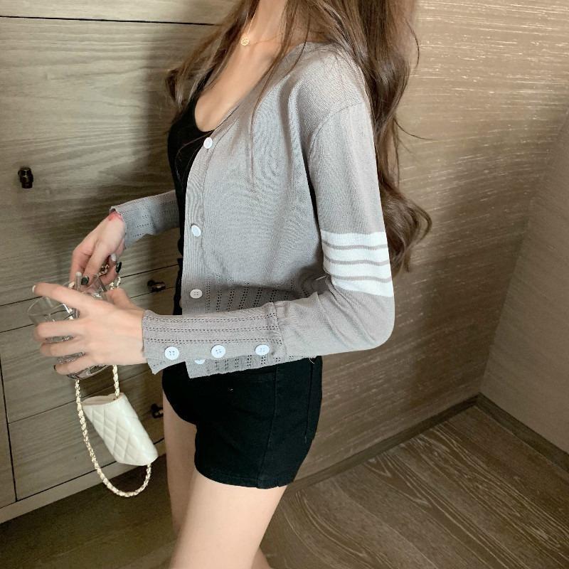 Knitted Cardigan with Thin Outerwear for Women 2024 Spring Slim Shawl Collar Waist Long Sleeve Ice Silk Short Top