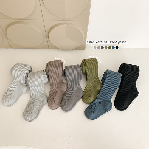 Children's Pantyhose Spring and Autumn Outwear Cotton Leggings for Older Children Solid Color Ankle Vertical Striped Plain Cotton Socks