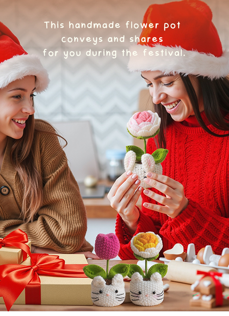 Wholesale of cross-border new handmade small potted flower crocheted artificial flower decorative ornaments, finished knitted potted plants pic 6