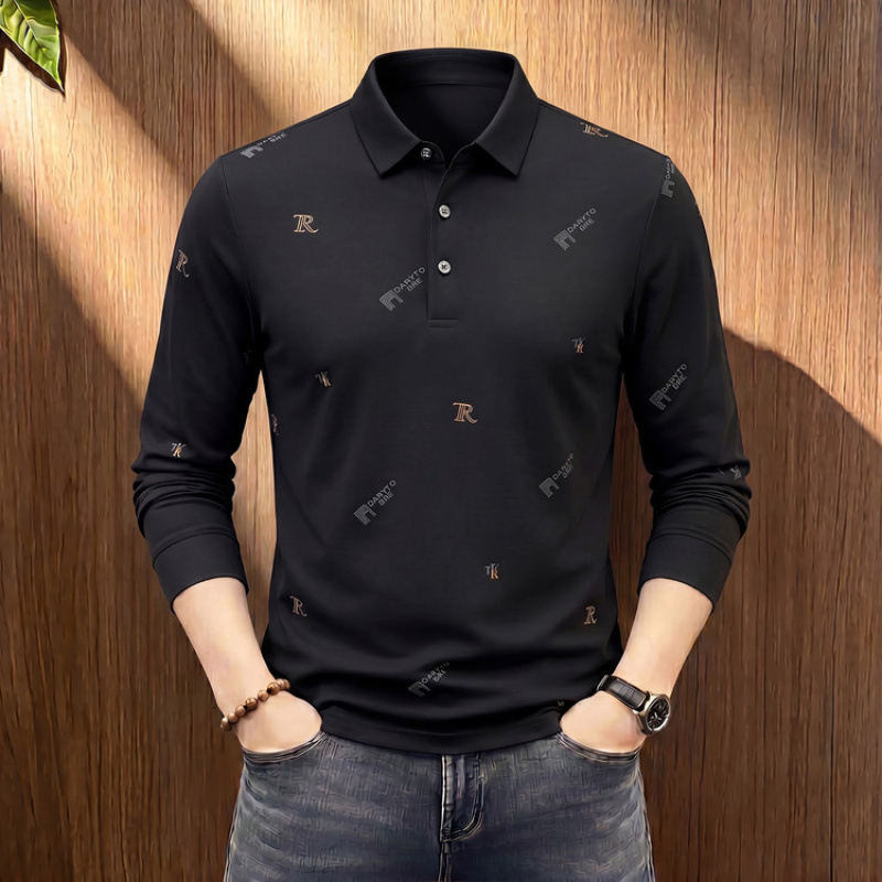 Long-sleeve T-shirt for men, 2026 autumn collection, business casual, all-over printed POLO shirt, loose fit, large size, dad's top