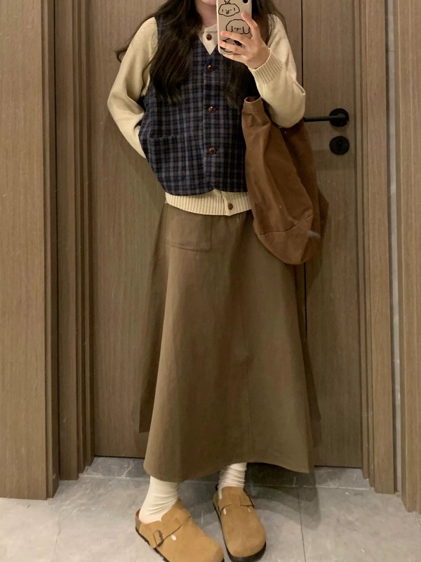 冬装搭配一整套女2025新款复古格纹马甲叠穿毛衣半身裙子三件套装|undefined