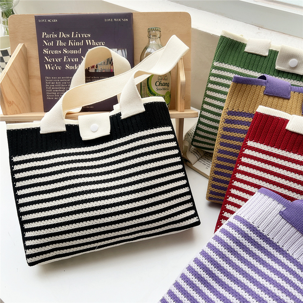 202g Weight Polyester Lining Material Buckle Closure Type Double Shoulder Straps Strap Type Tote Bag Bags Type Daily, Shopping Occasion Knit Material Stripe Pattern All Seasons Season Women's Gender Classic Style Style Medium Size Women's Medium Knit Stripe Classic Style Buckle Tote Bag 3