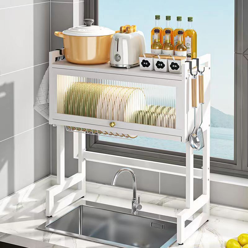 Kitchen Sink Storage Rack Countertop Dishwashing Sink Cupboard Multi-Functional Dust-Proof Cabinet Door Dish Storage Drain Rack