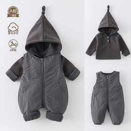 婴儿衣服长袖宝宝秋冬加绒连帽连体衣背带裤加厚两件套分体套装棉