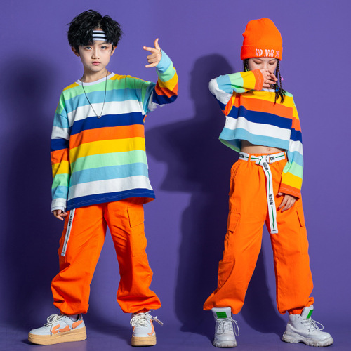 Children boys girls rainbow striped hip-hop street jazz dance outfits catwalks rapper gogo dancers dance costumes games cheerleaders performance clothes