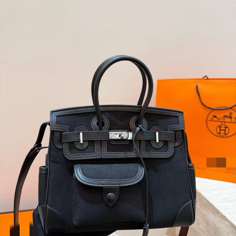 Source Factory Fully Handmade Cargo Canvas Birkin Bag Bk25 Casual Genuine Leather Handbag for Women in Sesame Color