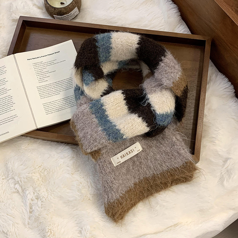 Bufandas de lana de punto de invierno para mujeres nuevas versiones coreanas de alto nivel de lana de estilo de estilo de estudiantes de buñuelo de rayas cálidas