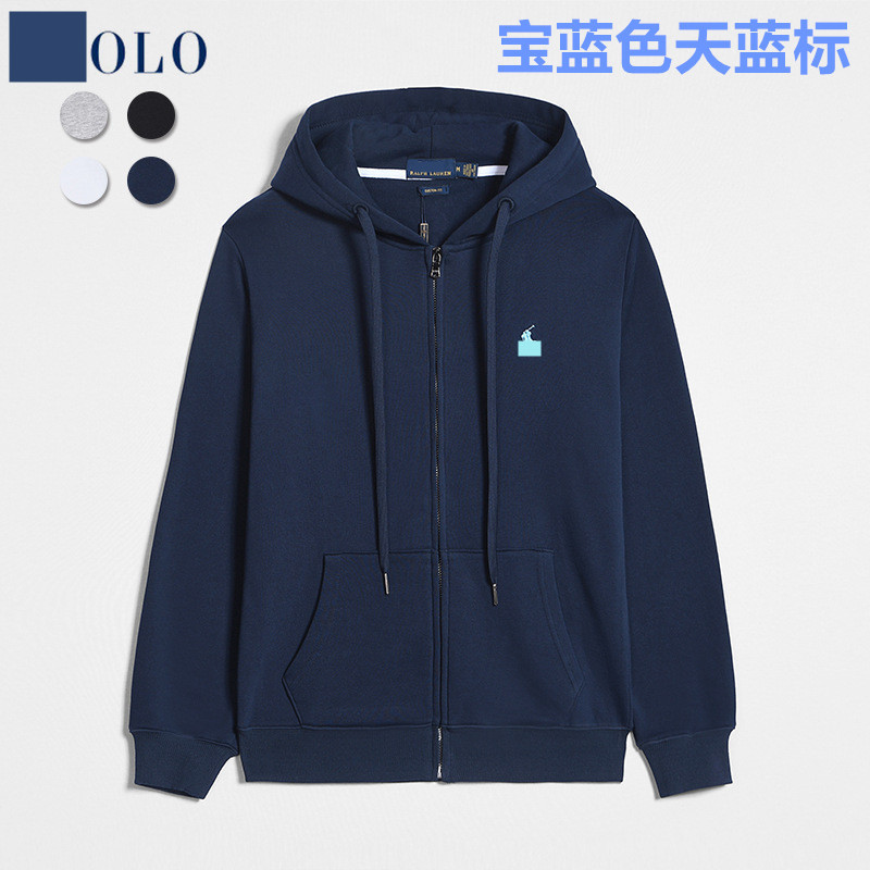 Zippered, royal blue with sky blue label