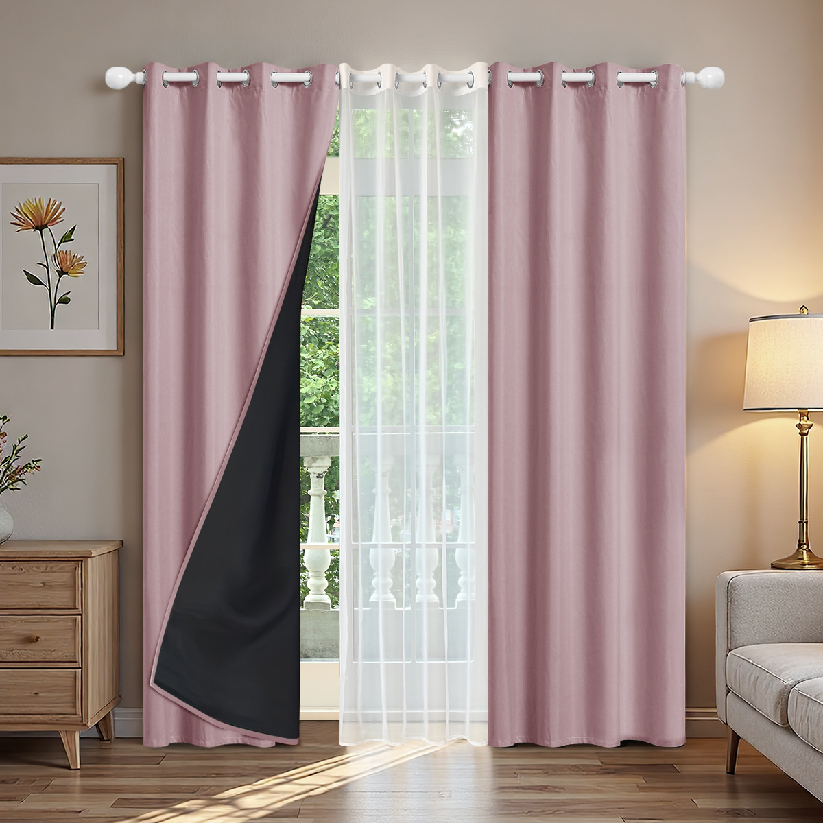 Cortinas perforadas transfronterizas conjuntos de cortinas textiles de primavera cortinas de sombreado 2pcs con doble cadena de tela de trilon 1pc