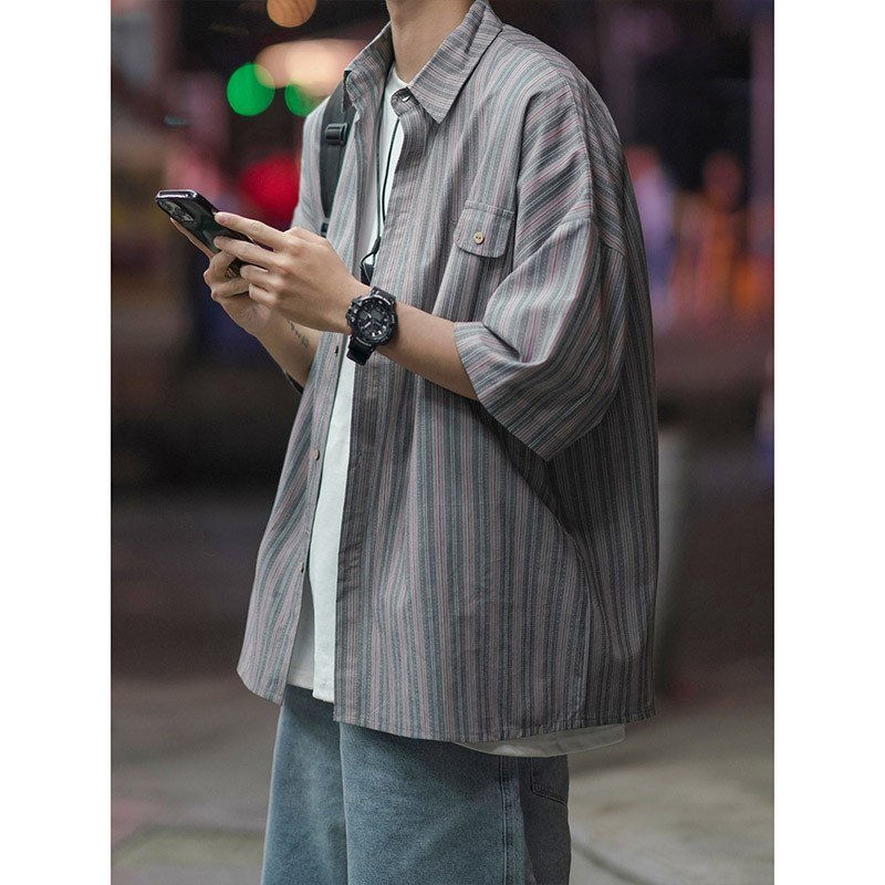 Cityboy japonés a rayas camisa de manga corta marca de moda de los hombres de moda juventud sentir desgaste camisa de media manga abrigo estilo verano