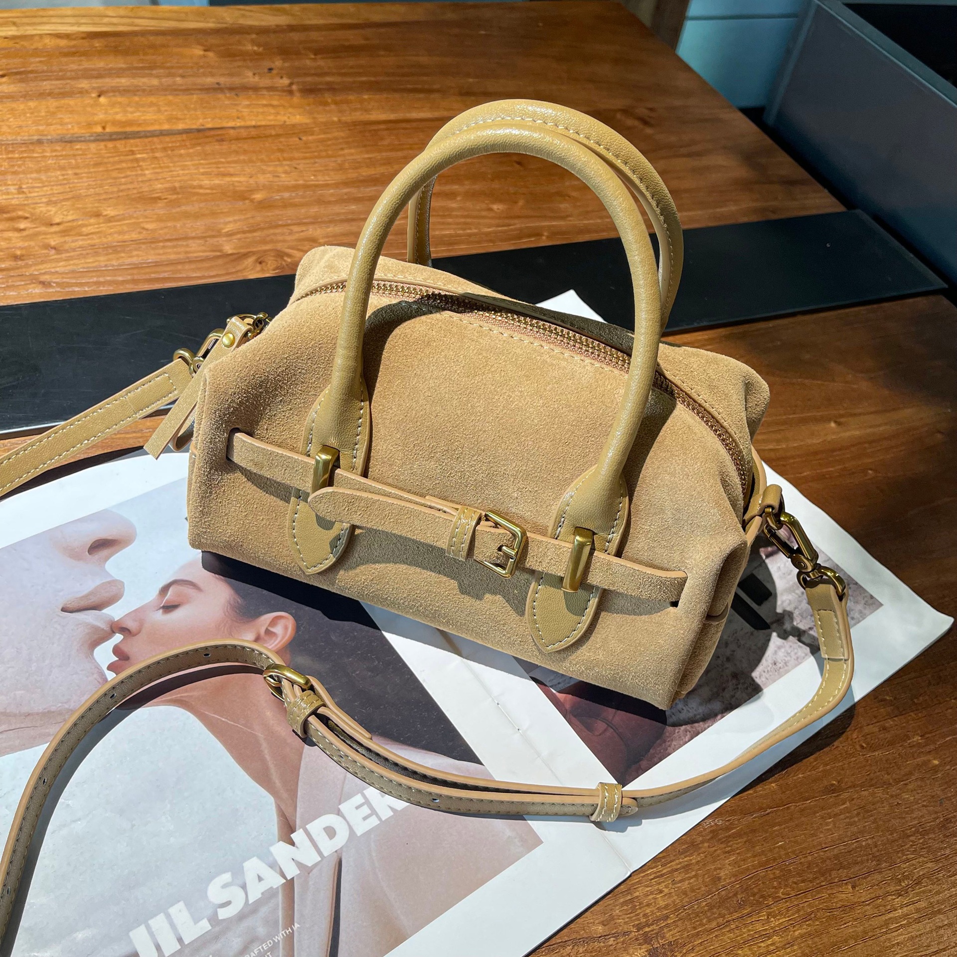 New genuine leather women's bag, vintage versatile Boston bag, high-end frosted top-layer cowhide crossbody handbag