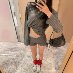 【不支持退货】mm系POLO领条纹撞色长袖T恤上衣+休闲短裤套装
