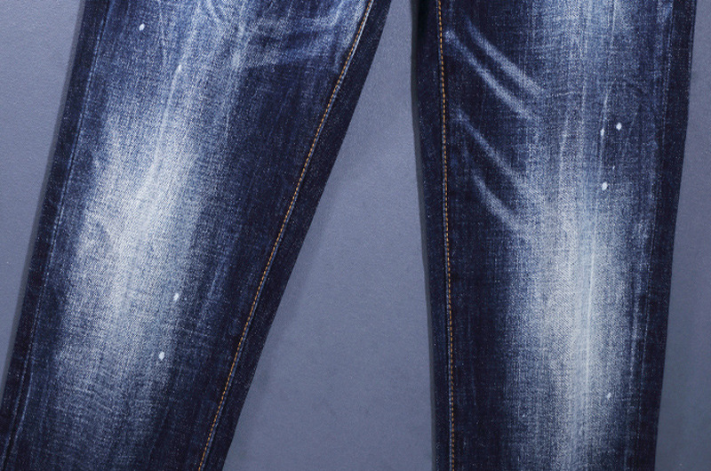 Men's Retro Blue Washed Jeans With Paint Splatter Effect Slim Fit Stretch Skinny Denim Pants Functional Design_viptrois.com