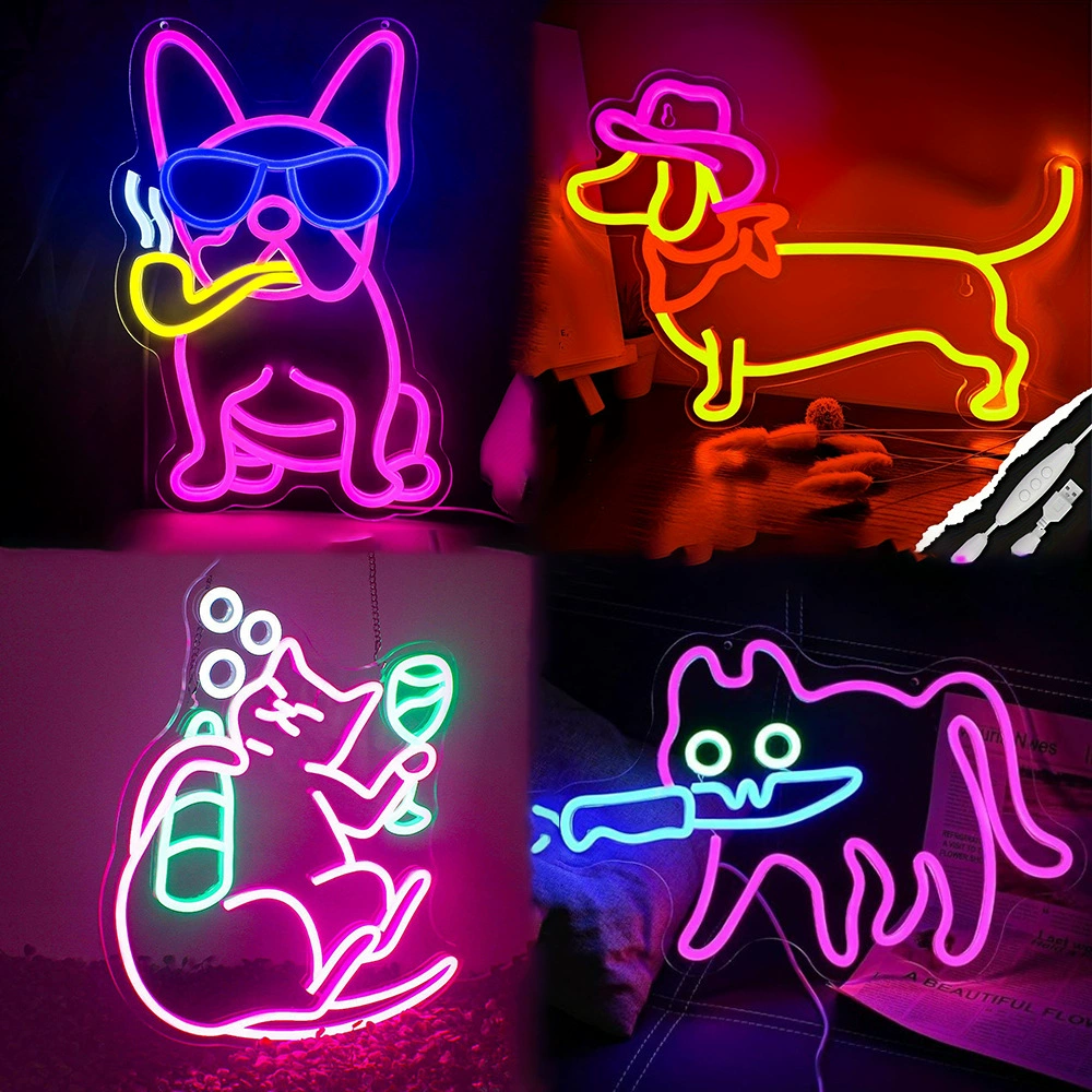 Неоновая светящаяся USB-лампа «Такса-бульдог, пьющий кот» на скейтборде, светодиальная настольная табличка «Лунный кот»