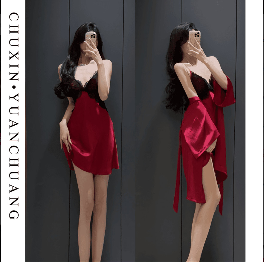 Tight Waist Slimming Pure Desire Hanging Dress Nightgown suit French Beautiful Back Deep V-Neck Lace Nightgown Elegant Sexy Home Clothes