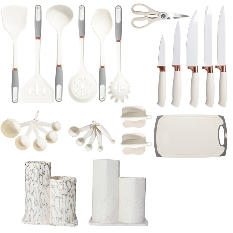 Pala de silicona, cuchara, juego de 26 piezas, pala de silicona de oro rosa, sartén antiadherente, pala de silicona de grado alimenticio, juego de utensilios de cocina de silicona