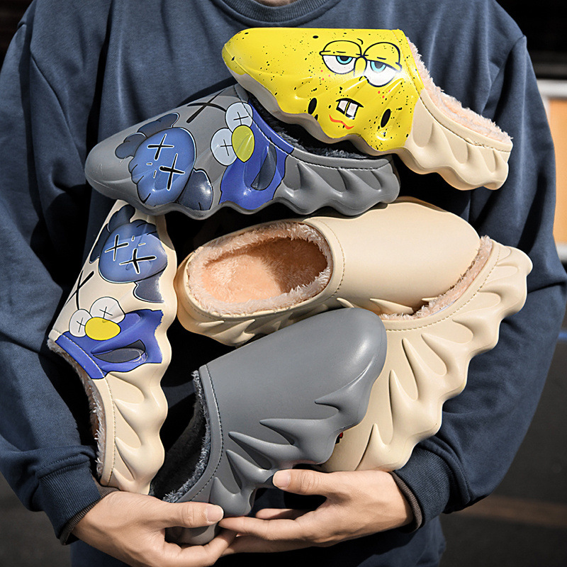 新款加绒棉拖鞋潮流椰子火山休闲鞋情侣款芝麻室内大码棉鞋男清仓