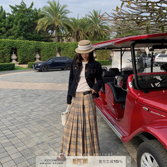 Xzichic易梦玲同款百褶格子半身裙2025春季新款低腰A字长裙子女