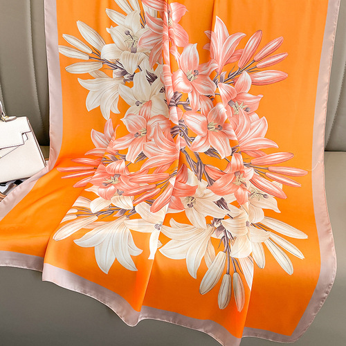  New Retro Printed Silk Scarf Women's Fashion Simulated Silk Summer Sunscreen Shawl Gauze Beach Towel Outerwear