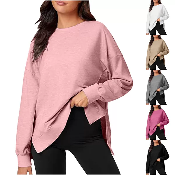 2025 Amazon Cross-Border Autumn and Winter Colored Cotton Sweatshirt New Round Neck Slit Batwing Loose Women's Patchwork Top