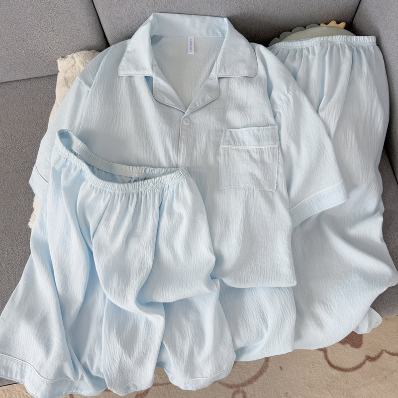Yunduo pure cotton gauze men's pajamas, summer thin short-sleeved simple light blue solid color high-end home wear three-piece set Yunduo pure cotton gauze men's pajamas, summer thin short-sleeved simple light blue solid color high-end home wear three-piece set