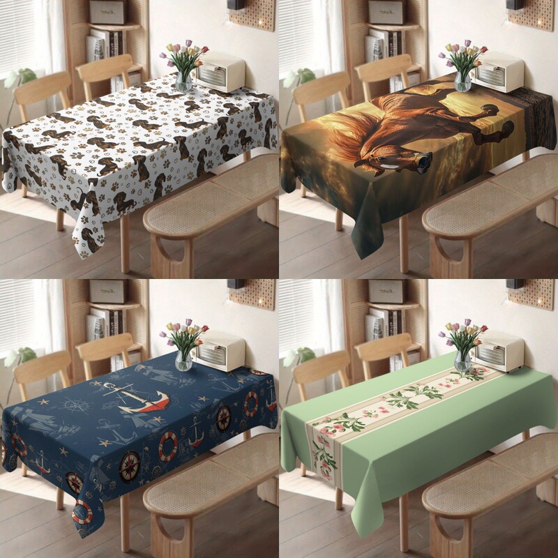 Dog, Horse, Nautical Elements, Tropical Plants, Gnome Coffee Print Tablecloth, Creative Personalized Pattern Home Dining Tablecloth