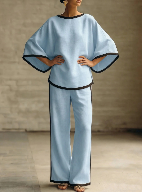 Women's Elegant Two Piece Set round Neck Batwing Sleeve Loose Fit Cotton Linen Top And Pants Outfit_ecoleips.com
