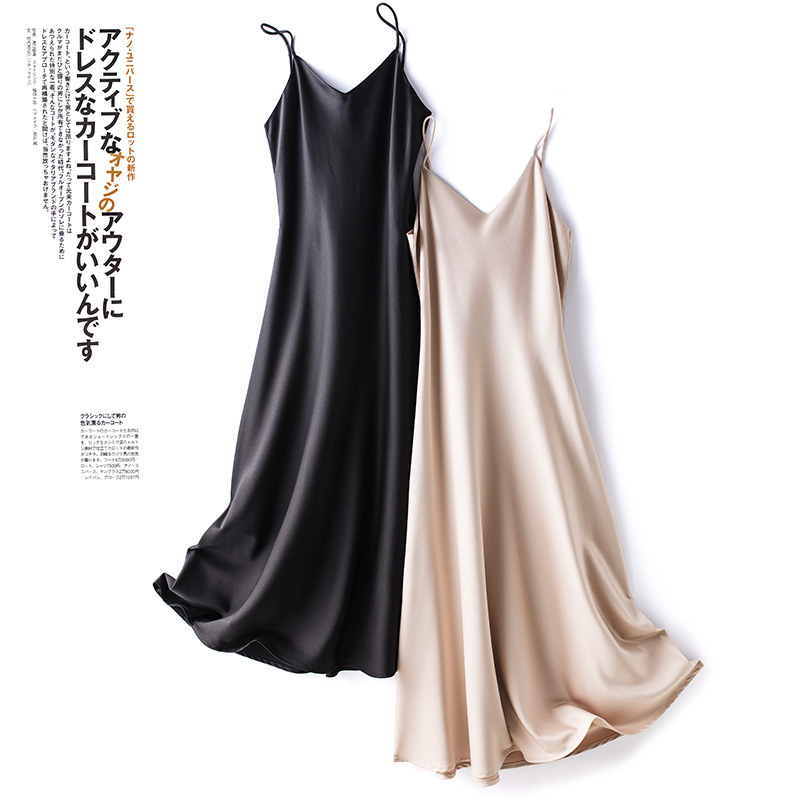 新品三酢酸蚕シルクストラップワンピースレディース夏フレンチ上品高級感サテンロングスカート|undefined
